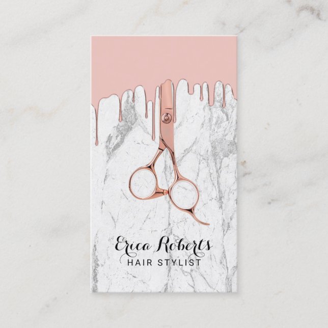 Hair Salon Rose Gold Dripping White Marble Business Card (Front)