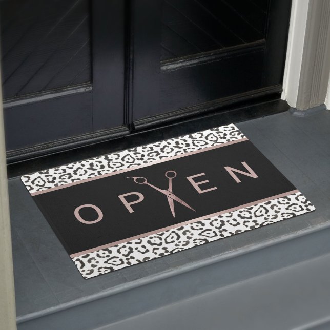 Hair Salon Rose Gold Scissor Leopard Welcome Doormat (Creator Uploaded)
