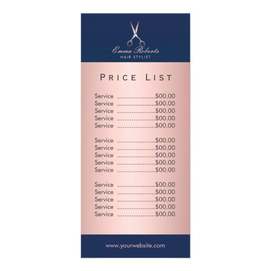 Hair Salon Rose Gold Scissor Navy Blue Price List Rack Card