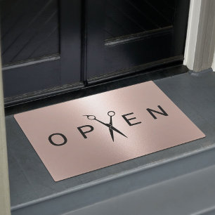 Hair Salon Rose Gold Scissor Open Welcome Doormat