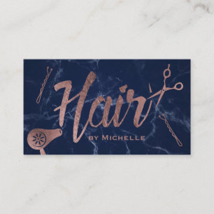 Hair Salon Rose Gold Typography Navy Blue Marble Business Card