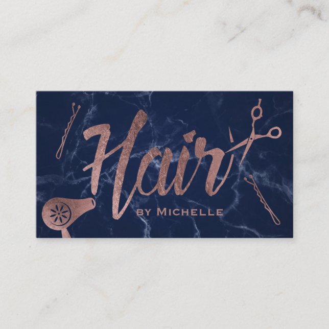 Hair Salon Rose Gold Typography Navy Blue Marble Business Card (Front)
