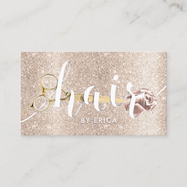 Hair Salon Scissor & Flower Ivory Gold Glitter Business Card (Front)