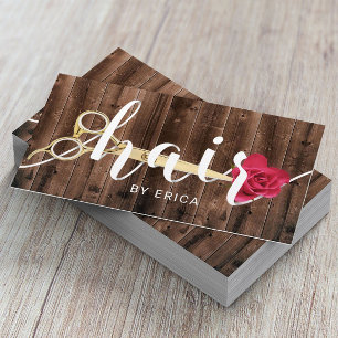 Hair Salon Scissor & Flower Typography Rustic Wood Business Card