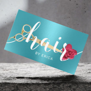 Hair Salon Scissor & Flower Typography Turquoise Business Card