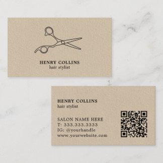 Hair Salon Scissors Beige Kraft Paper Qr Code Business Card