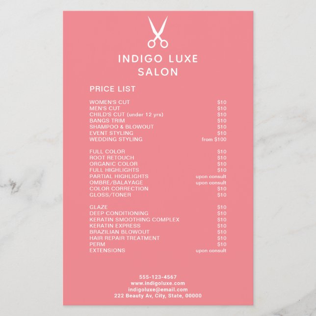 Hair Salon Scissors Coral Service Menu Price List (Front)