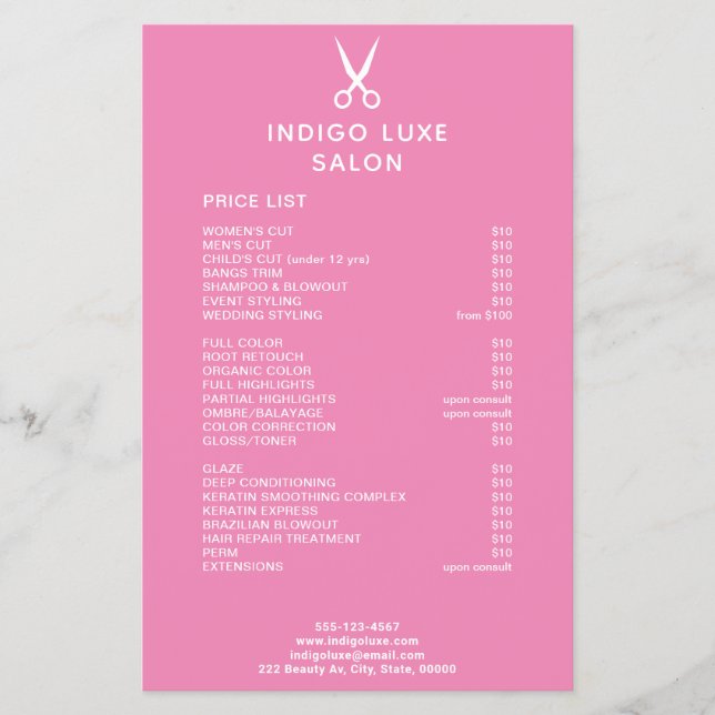 Hair Salon Scissors Dark Pink Service Price List Flyer (Front)