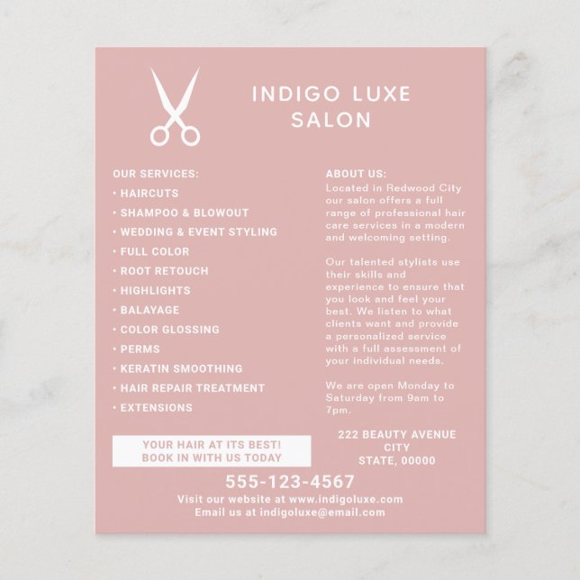 Hair Salon Scissors Modern Dusty Pink Marketing Flyer (Front)
