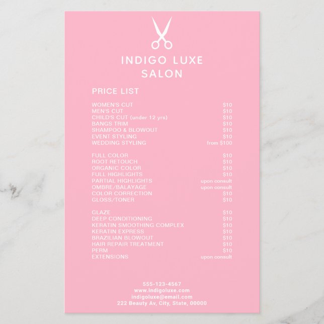 Hair Salon Scissors Pink Service Menu Price List (Front)