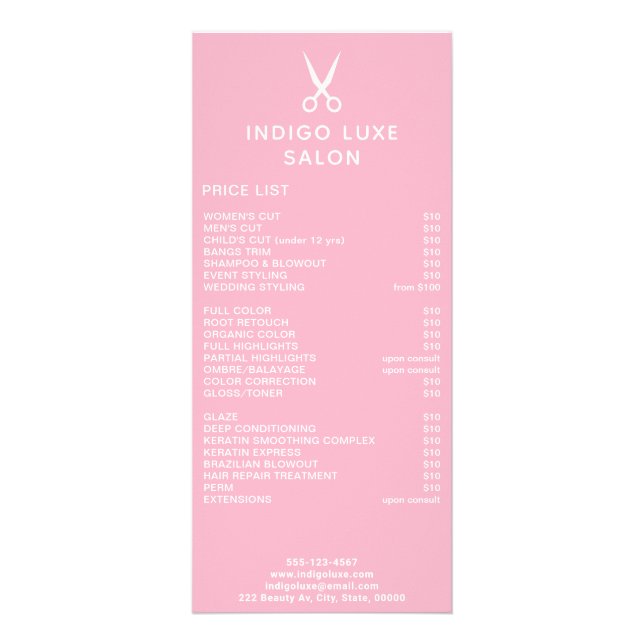 Hair Salon Scissors Pink Service Menu Price List (Front)