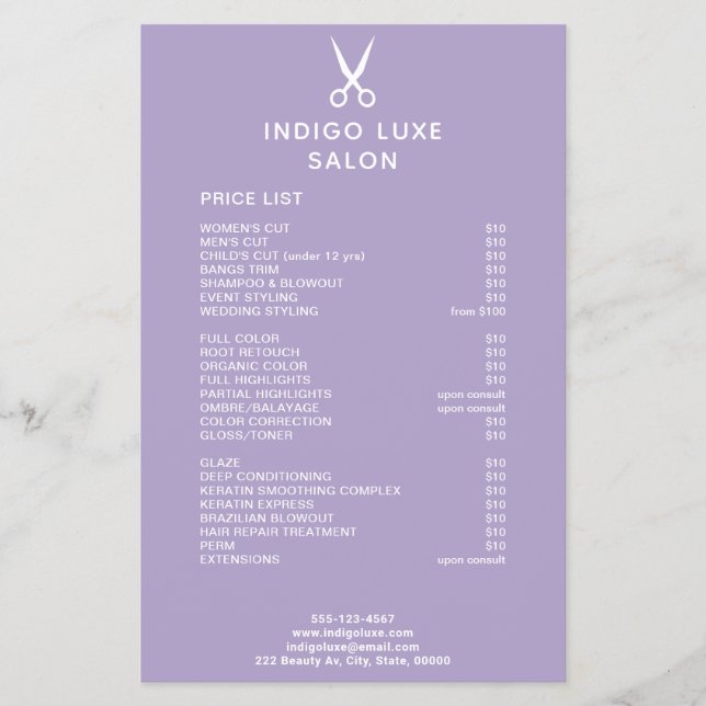 Hair Salon Scissors Purple Service Menu Price List (Front)