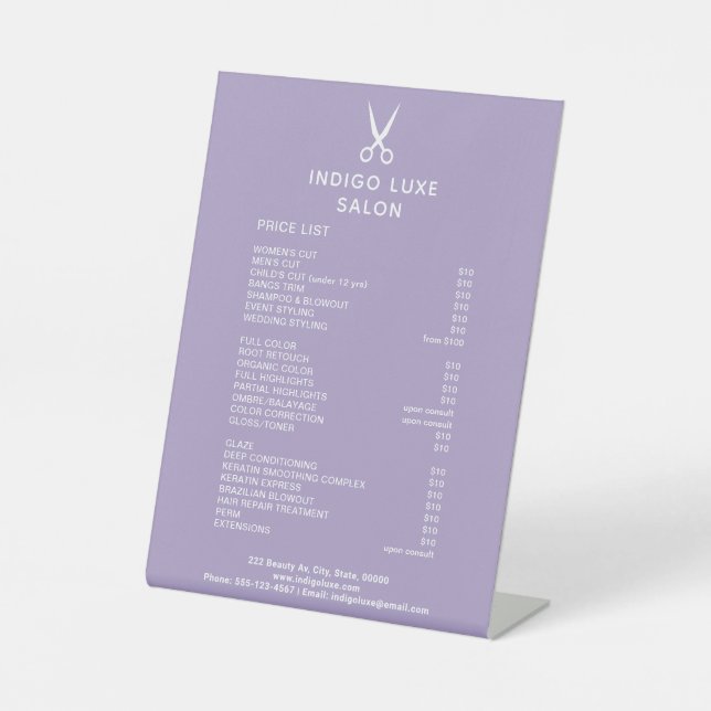 Hair Salon Scissors Purple Service Menu Price List Pedestal Sign (Front)