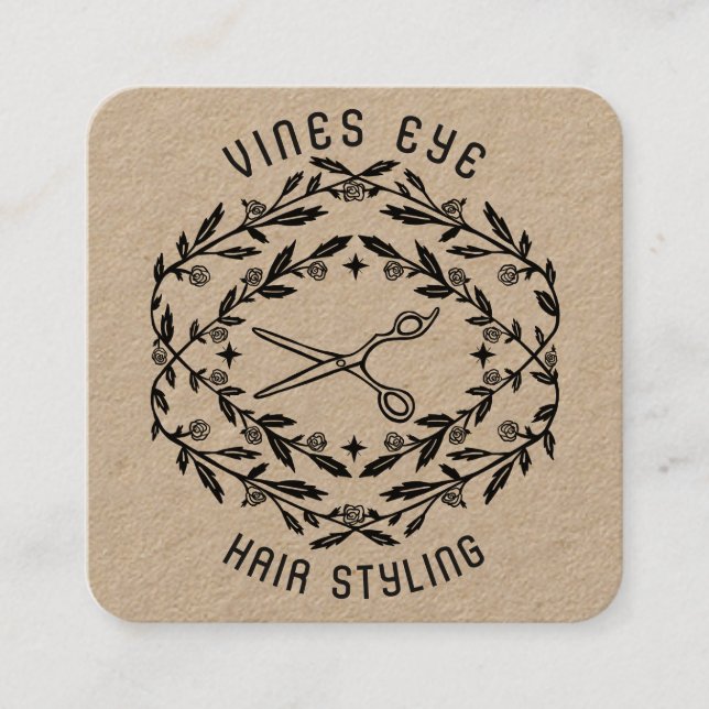 Hair Salon Scissors Roses Vines Magical Boho Kraft Square Business Card (Front)