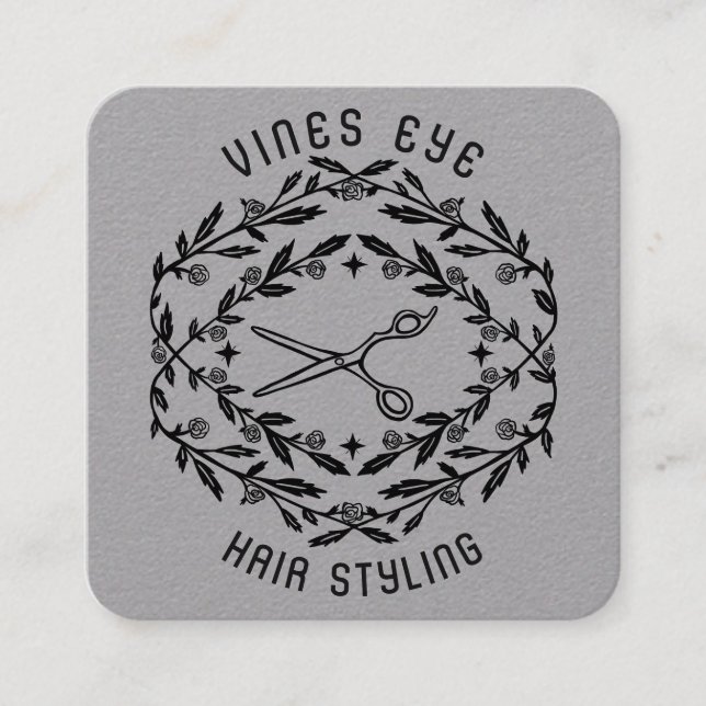 Hair Salon Scissors Roses Vines Magical Boho Luxe Square Business Card (Front)