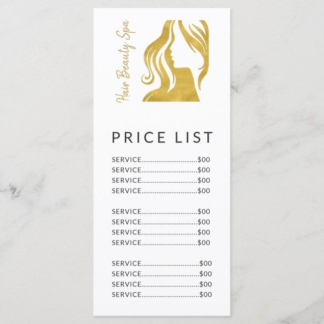 Hair salon simple gold white price list services programme (Front)