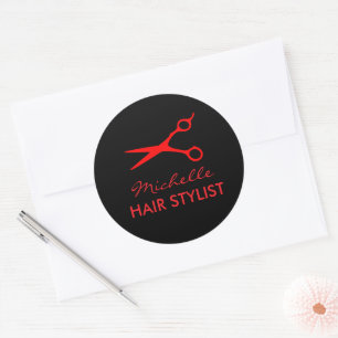 Hair salon stickers with red cutting shears logo