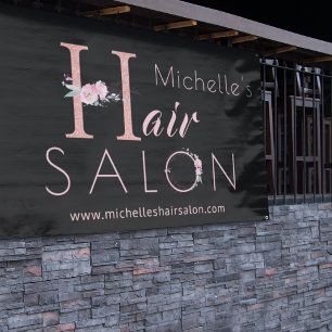 Hair salon stylist name pink floral glitter black banner