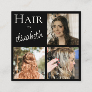 Hair Salon Stylist Script 3 Photos Black Square Business Card