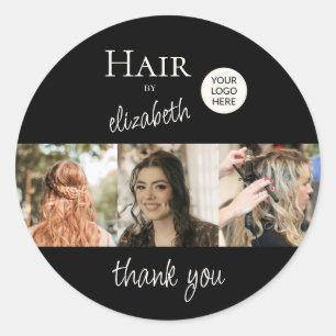 Hair Salon Stylist Script 3 Photos Logo Black Classic Round Sticker