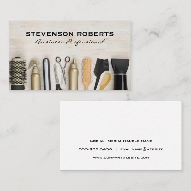 Hair Salon Tools on Wooden Table Business Card (Front/Back)