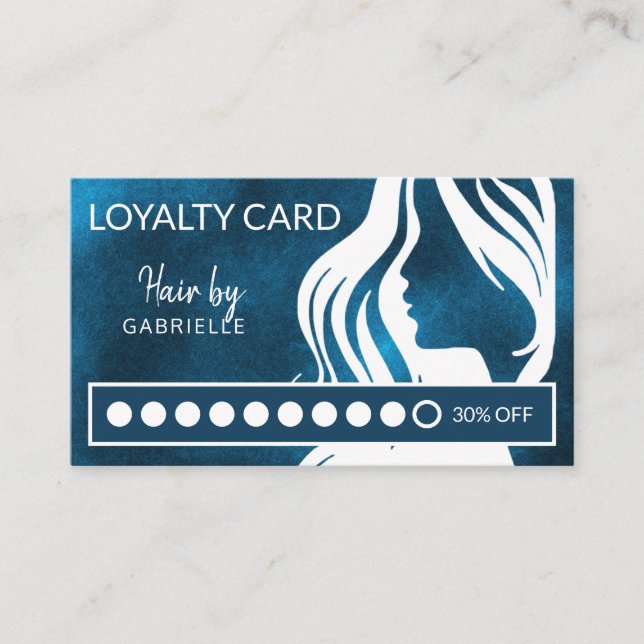 Hair salon white and blue modern loyalty punch business card (Front)