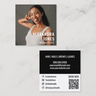 Hair Styist Black White Qr Code Socials Template Square Business Card