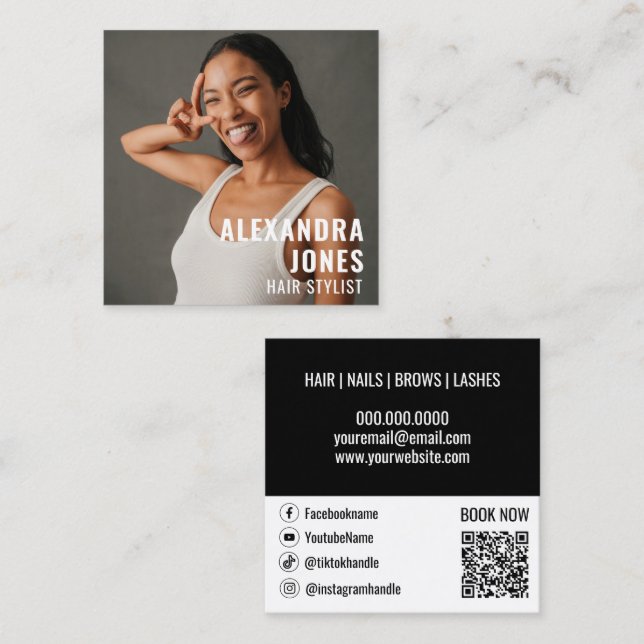 Hair Styist Black White Qr Code Socials Template Square Business Card (Front/Back)