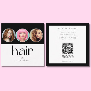 Hair Stylis 3 Photo QR Code Socials Black White Square Business Card
