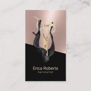 Hair Stylis Modern Black Liquid Rose Gold Salon Business Card