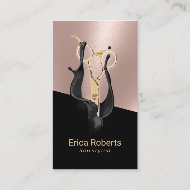 Hair Stylis Modern Black Liquid Rose Gold Salon Business Card (Front)
