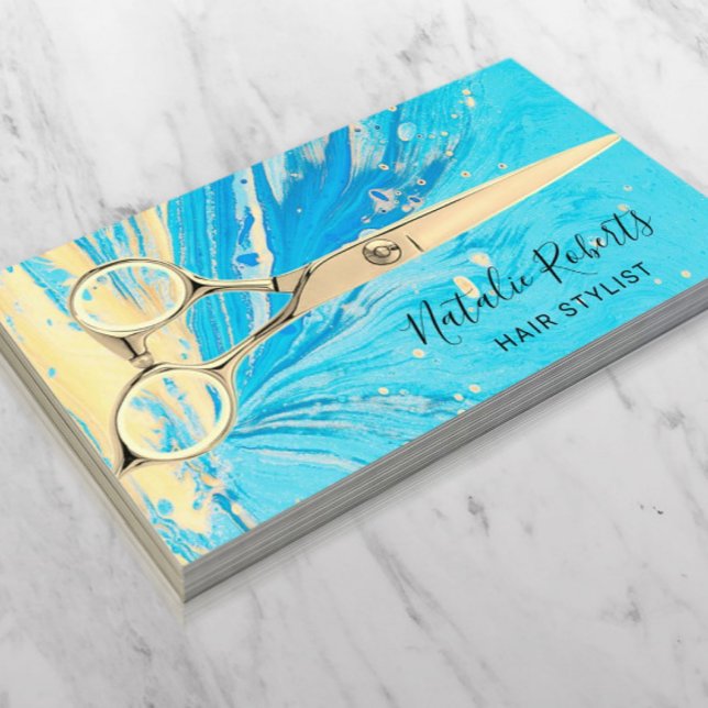 Hair Stylist Abstract Turquoise Gold Scissor Salon Business Card (Creator Uploaded)