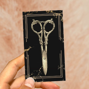 Hair Stylist Antique Gold Scissor Black Marble Business Card