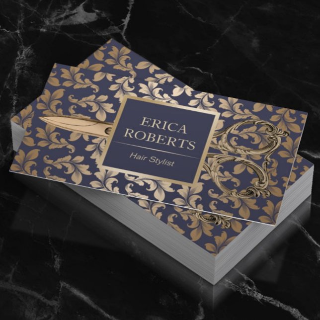 Hair Stylist Antique Gold Scissor Luxury Damask Business Card (Creator Uploaded)