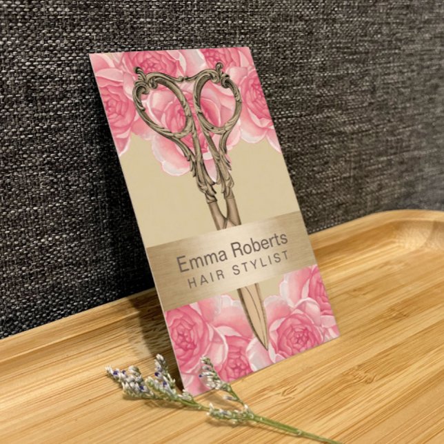 Hair Stylist Antique Scissor Cream & Pink Floral Business Card (Creator Uploaded)