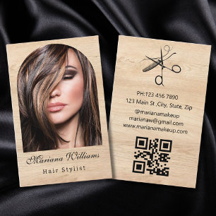 hair stylist arch photo qr code minimalist wood business card