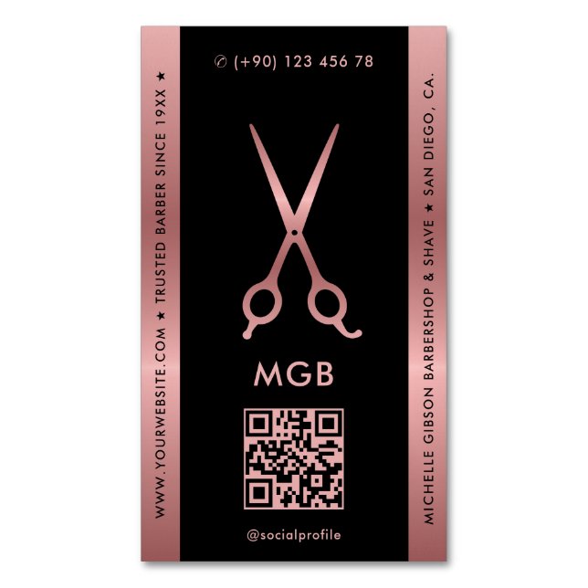 Hair Stylist Barber Black Pink Rosegold Scissors  Magnetic Business Card (Front Vertical)