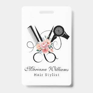 hair stylist barber floral Scissors name tag ID Badge