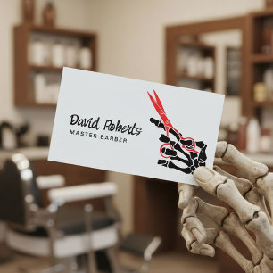 Hair Stylist Barber Skeleton Hand & Red Scissor Business Card
