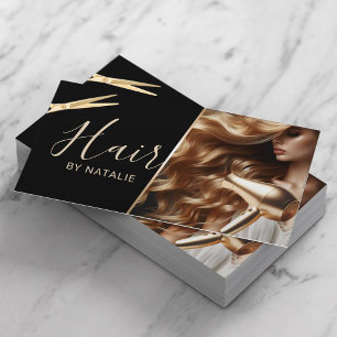 Hair Stylist Beauty Girl Photo Black & Gold Salon Business Card
