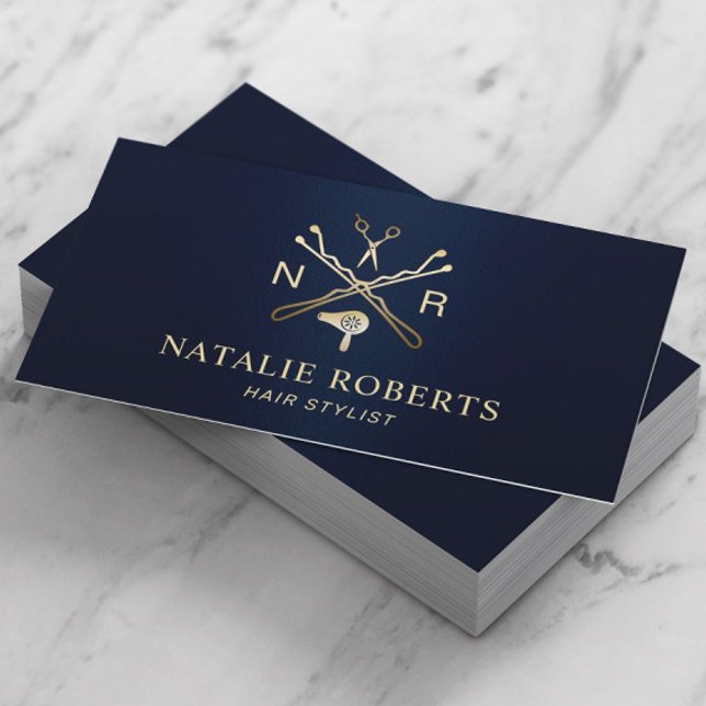 Hair Stylist Beauty Logo Navy Blue & Gold Salon Business Card (Creator Uploaded)