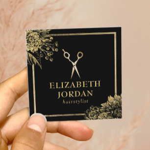 Hair Stylist Beauty Salon Black & Gold Botanical Square Business Card