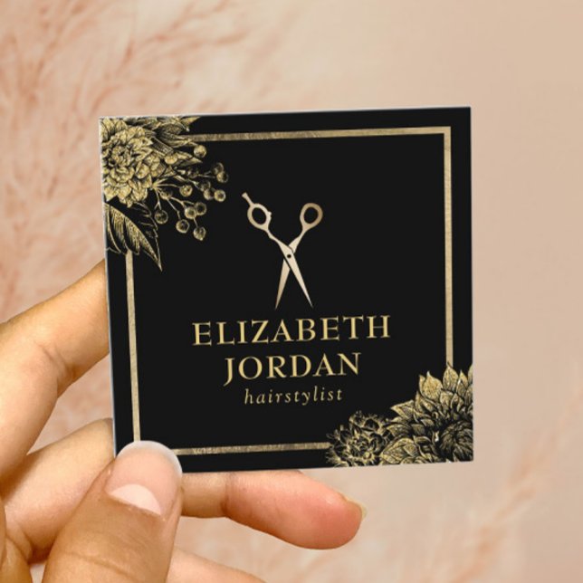 Hair Stylist Beauty Salon Black & Gold Botanical Square Business Card (Creator Uploaded)