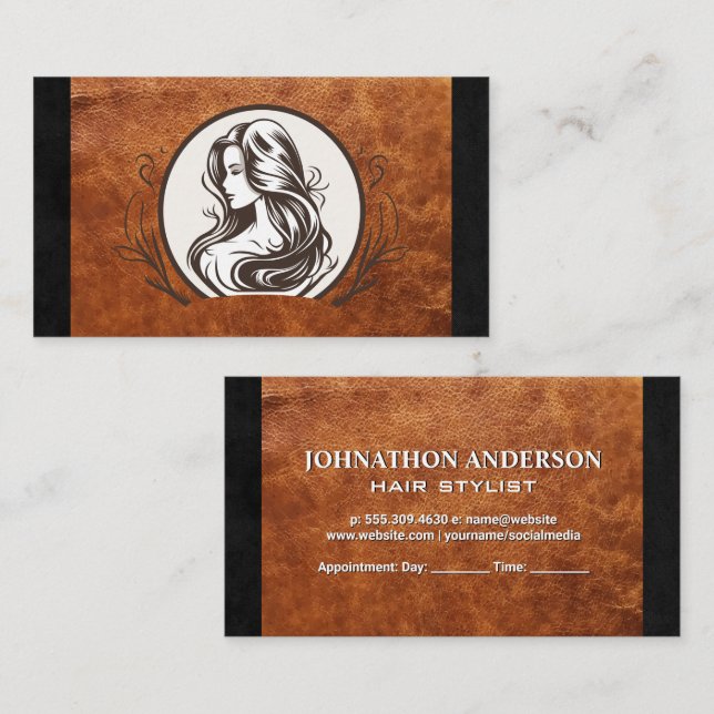 Hair Stylist Beauty Salon Logo | Brown Leather Appointment Card (Front/Back)