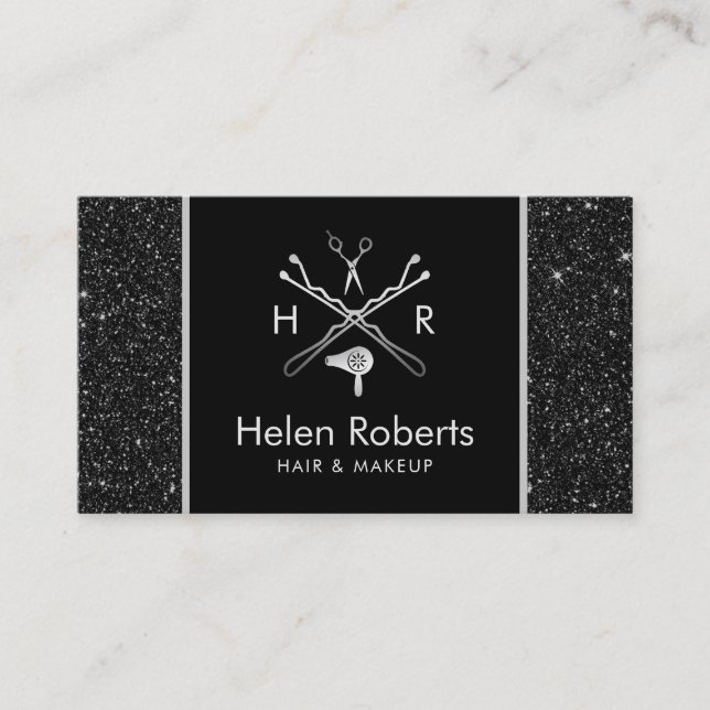 Hair Stylist Beauty Salon Logo Chic Black Glitter Business Card (Front)