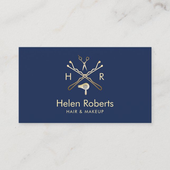 Hair Stylist Beauty Salon Logo Modern Navy & Gold Business Card (Front)