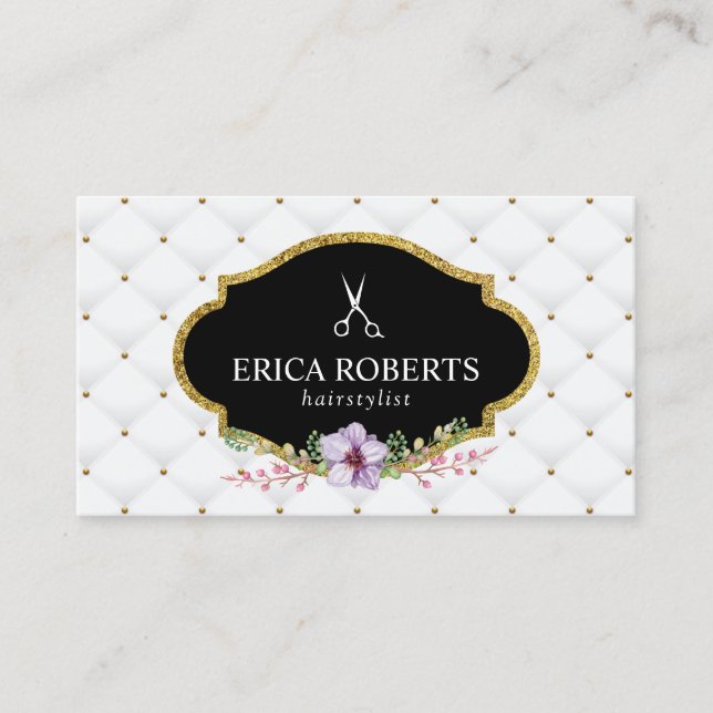 Hair Stylist Beauty Salon Luxury Quilted Floral Business Card (Front)