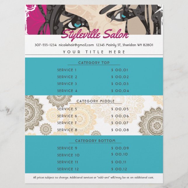 Hair stylist beauty salon makeup artist price list custom letterhead (Front)
