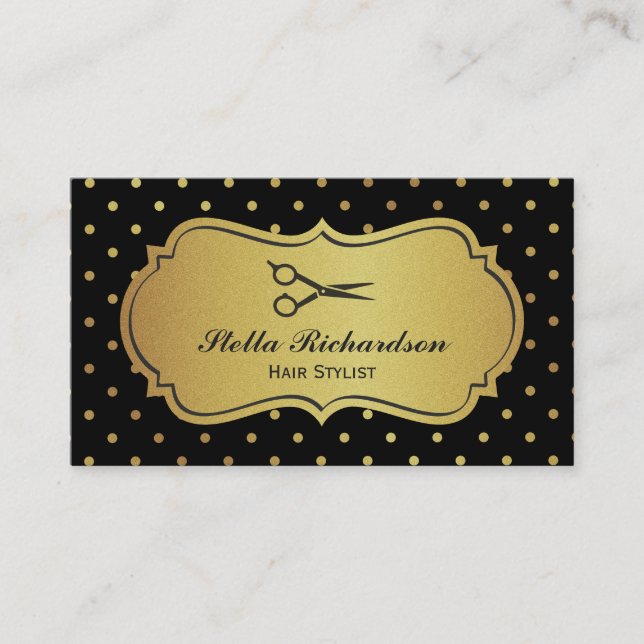 Hair Stylist - Black and Gold Glitter Polka Dots Business Card (Front)