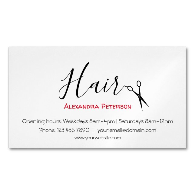 Hair Stylist - Black and Red Magnetic Business Card (Front)